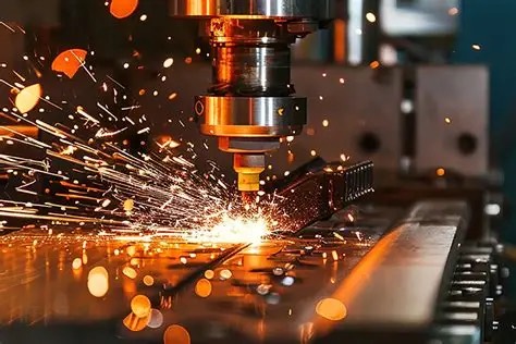 Industrial cutting machine producing bright sparks while shaping metal.